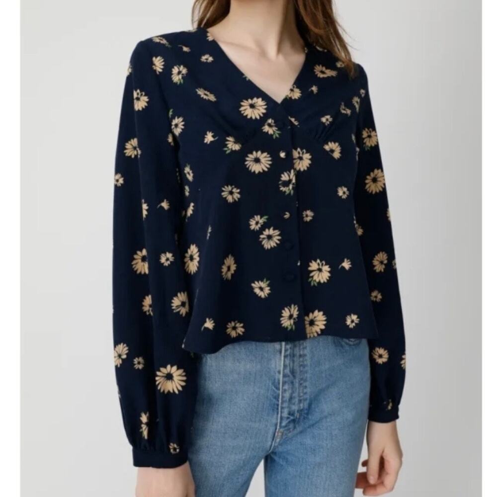 Moussy Flower V-Neck Blouse Top Women's 1 Small Navy Yellow